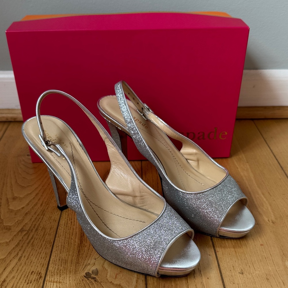 Kate Spade Glimmer silver glitter open toe‎ heels GUC size 8